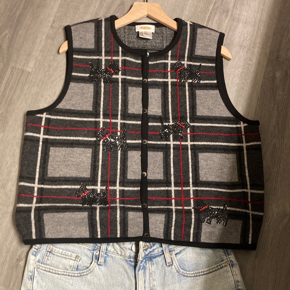 VTG 100% Wool Tartan Plaid Button Front Vest Terrier Dog Sequins Embellished XL